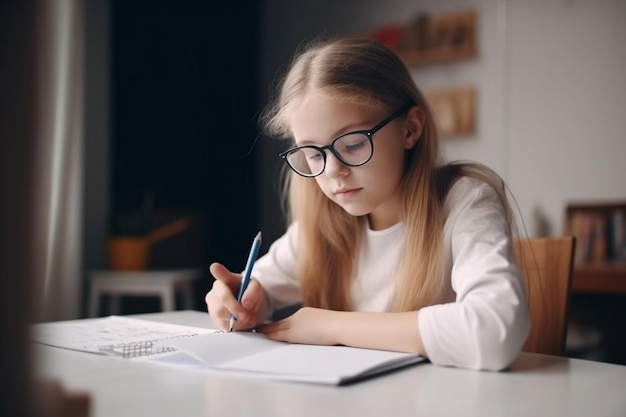 Pretty stylish schoolgirl studying homework math during her online lesson at home social distance d