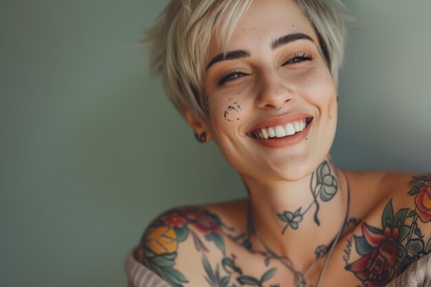 pretty tattooed female model with short blonde hair smiling looking at camera