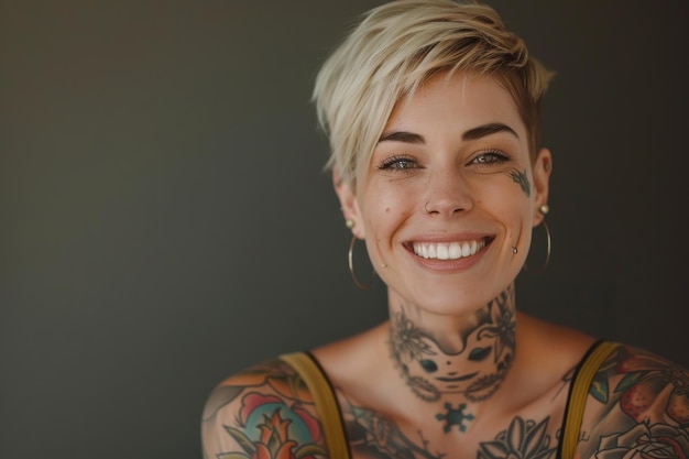 pretty tattooed female model with short blonde hair smiling looking at camera