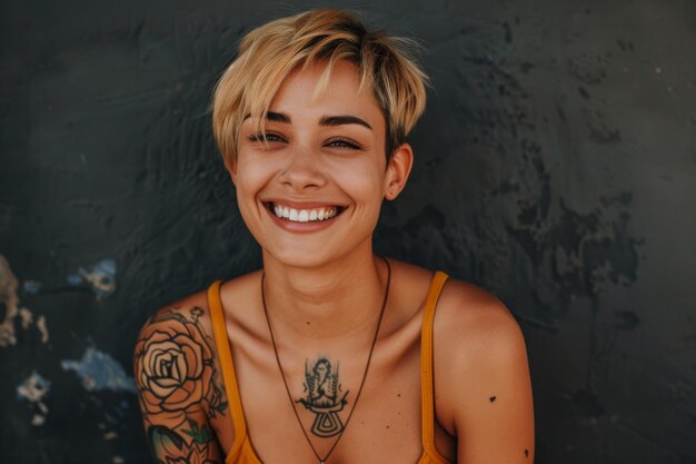 pretty tattooed female model with short blonde hair smiling looking at camera