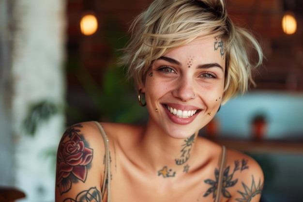 pretty tattooed female model with short blonde hair smiling looking at camera