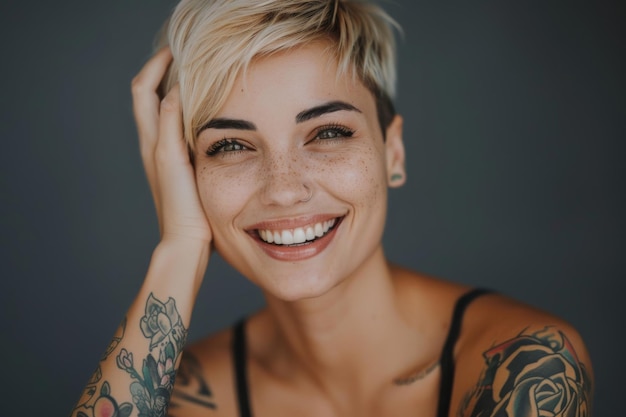 pretty tattooed female model with short blonde hair smiling looking at camera