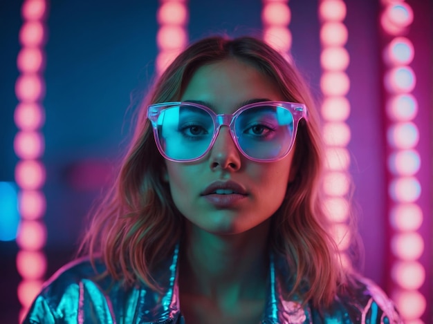 Photo pretty teen girl face in glasses on neon light blue pink synthwave background