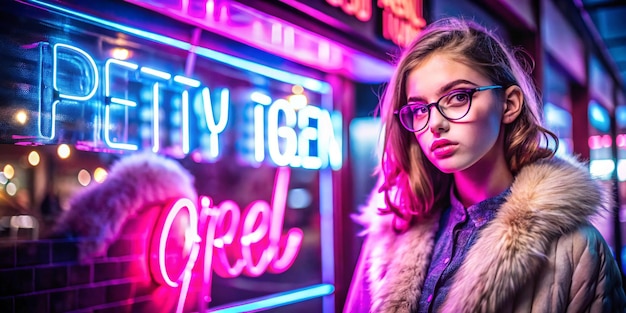 Photo pretty teen girl in stylish glasses and fur in pink neon lights sign on street wall fashion trendy teenager hipster young woman retrowave synthwave purple style in modern glow