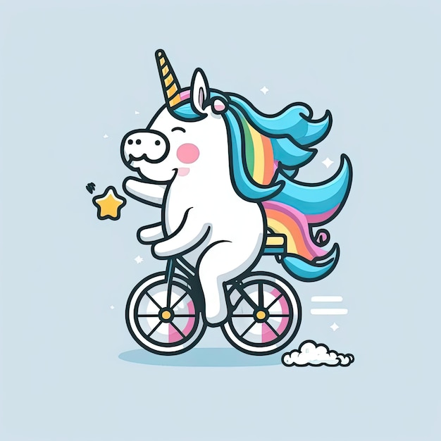 Pretty unicorn riding a bike on blue background Generative AI