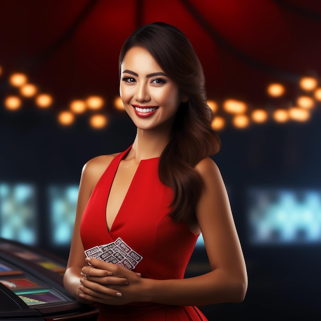 pretty western woman who is happy and very attractive female dealer casino worker smiling