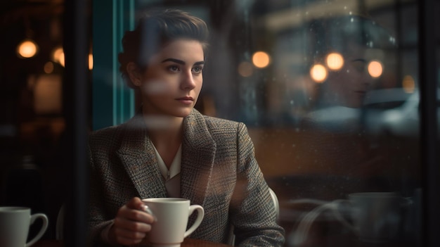 Pretty woman at cafe drinking coffee and looking out window generative AI