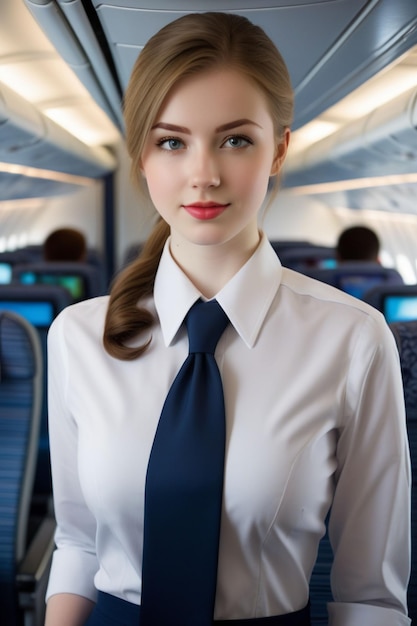 Photo a pretty woman in flight attendant uniform with a shirt and tie stands in an airplane