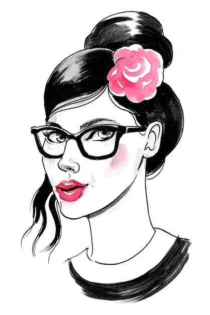 Pretty woman in glasses. Ink and watercolor drawing