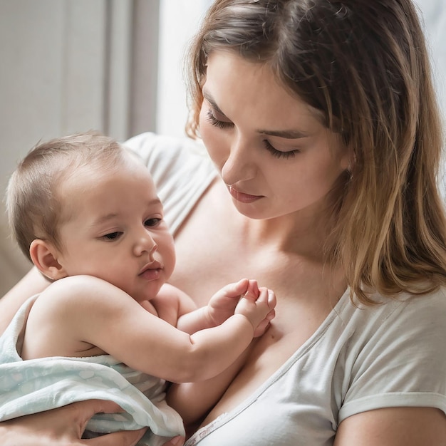 Pretty woman holding a newborn baby in her arms