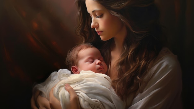 Pretty woman holding a newborn baby in her arms