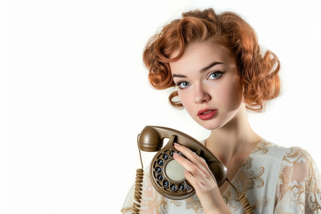 Photo pretty woman holds a vintage telephone receiver capturing retro charm and nostalgia embracing vintag