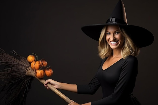 Photo pretty woman is celebrating halloween in black dress and unusual makeup while holding broom