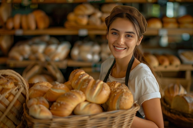 Pretty woman selecting bread rolls from a large wicker basket in the bakery and smiling