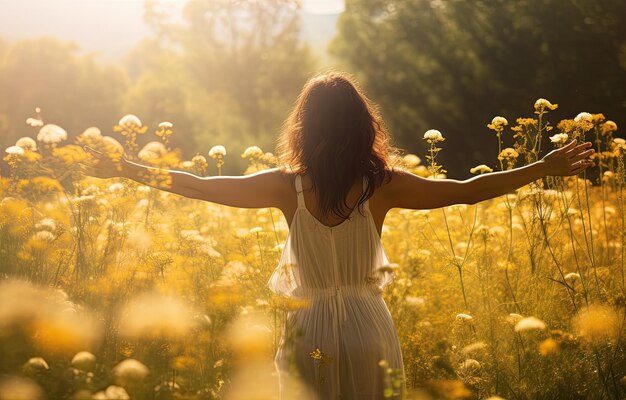 Pretty woman walking on a beautiful yellow flower field