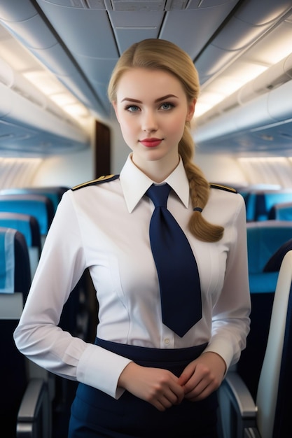 Photo a pretty woman in a white shirt and tie is posing on an airplane