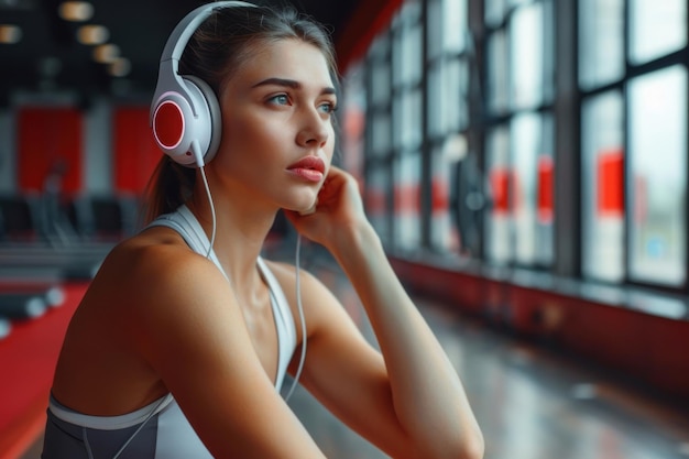 Pretty woman with athlete body listen music in headphones while sport training