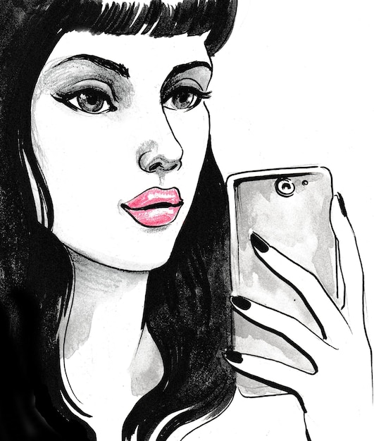 Pretty woman with a phone taking selfie. Ink and watercolor drawing