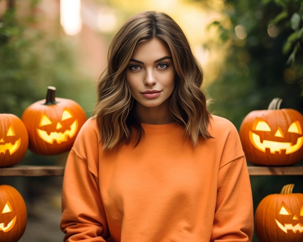 Pretty young brunette girl in red autumn jacket like a fox posing on a pumpkins fiel Generative AI