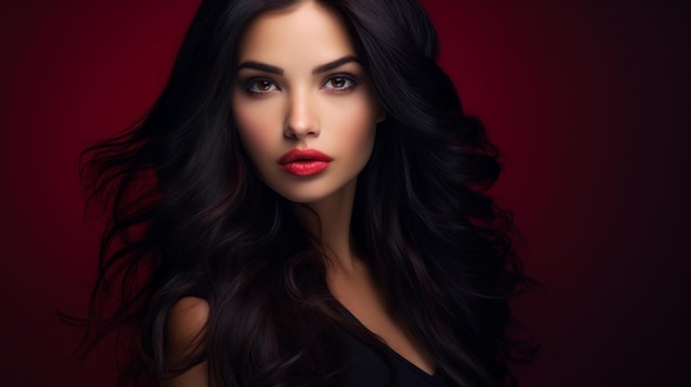 A pretty young brunette woman with long hair bright makeup red lipstick on her lips looking at the camera on a dark background with a copy space Cosmetics Beauty Salon Makeup artist concepts