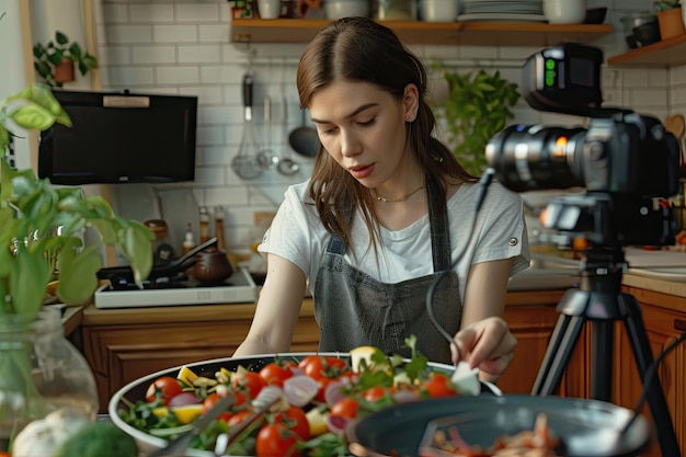 Photo pretty young female blogger recording a video and cooking a dish for her food vlog