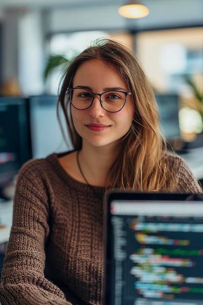 Photo a pretty young female programmer with laptop in office