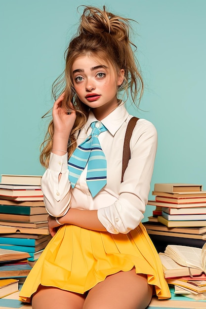 Pretty young girl dressed in yellow in the library cabinet with books in the background