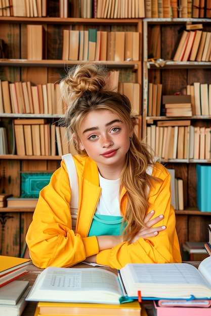 Pretty young girl dressed in yellow in the library cabinet with books in the background