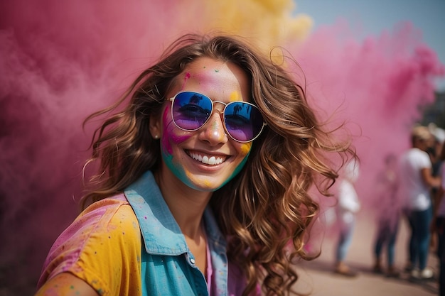 pretty young girl happy smile holi celebration for the Indian festival holi