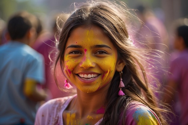 pretty young girl happy smile holi celebration for the Indian festival holi