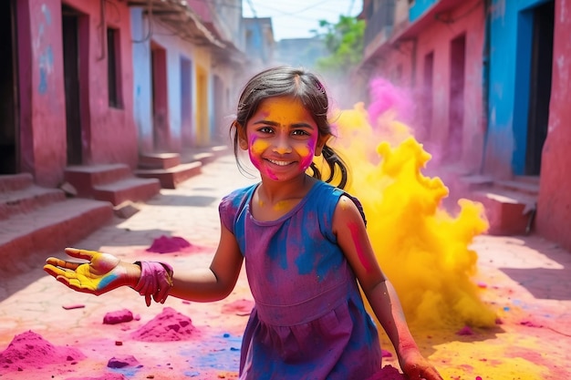 pretty young girl happy smile holi celebration for the Indian festival holi