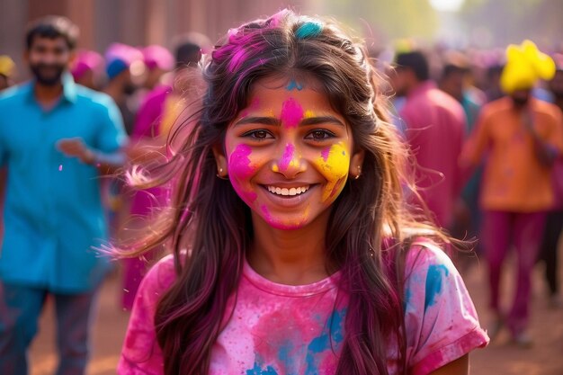 pretty young girl happy smile holi celebration for the Indian festival holi