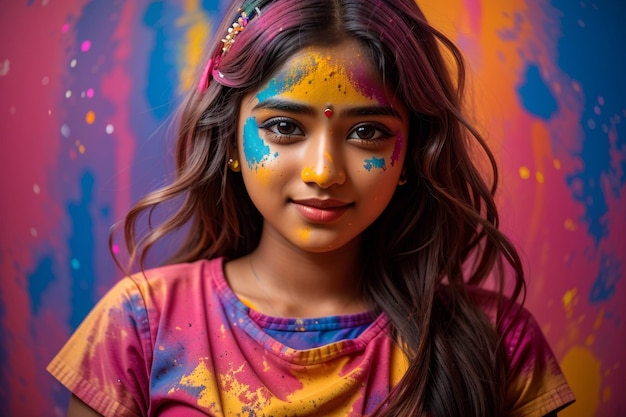 pretty young girl happy smile holi celebration for the Indian festival holi