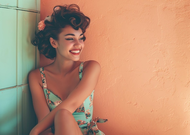 Pretty and young pin up style woman with wavy brunette hair she is wearing a floral dress and a ma