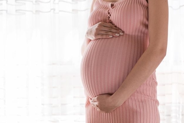 Pretty young pregnant woman standing by the window in home