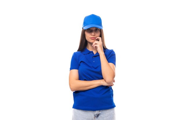 Pretty young promoter woman in blue cotton tshirt and cap