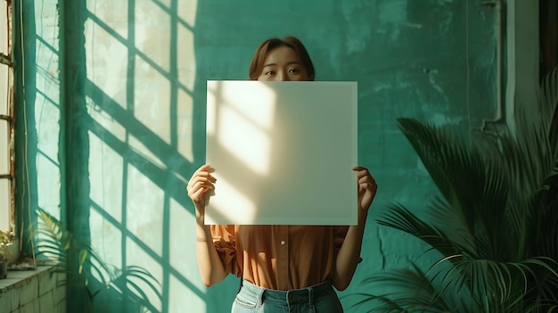 Pretty young woman holding blank board with copy space