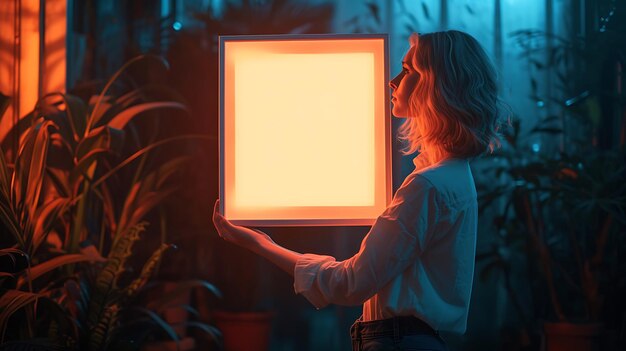 Photo pretty young woman holding blank board with copy space