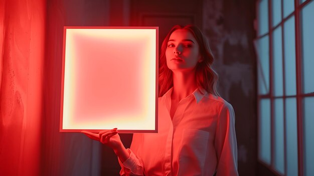 Pretty young woman holding blank board with copy space