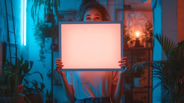 Pretty young woman holding blank board with copy space