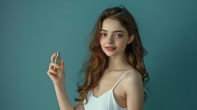 Photo pretty young woman holding a perfume girl with perfume portrait of a pretty young woman