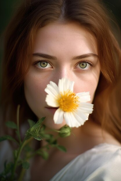 A pretty young woman looking at you as she holds a flower created with generative ai