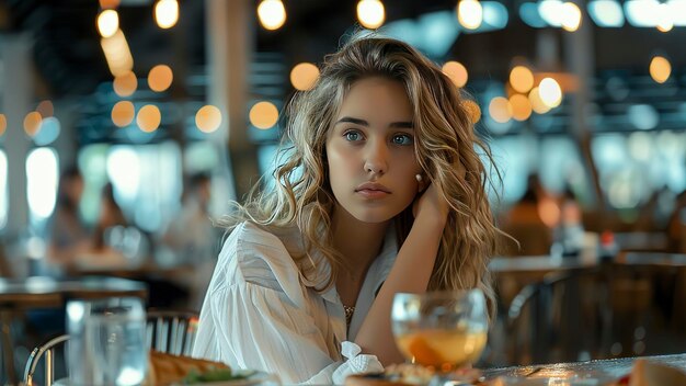 Photo pretty young woman in restaurant pretty young woman eating in the restaurant restaurant scene