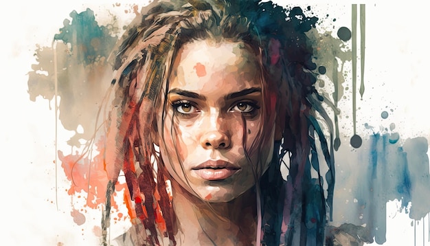 Pretty young woman with dreadlocks Watercolor style Generative AI