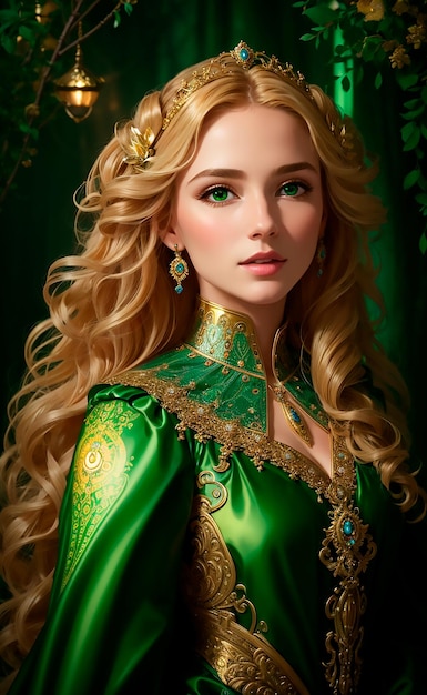 Pretty young woman with emerald eyes wearing a colourful green dress