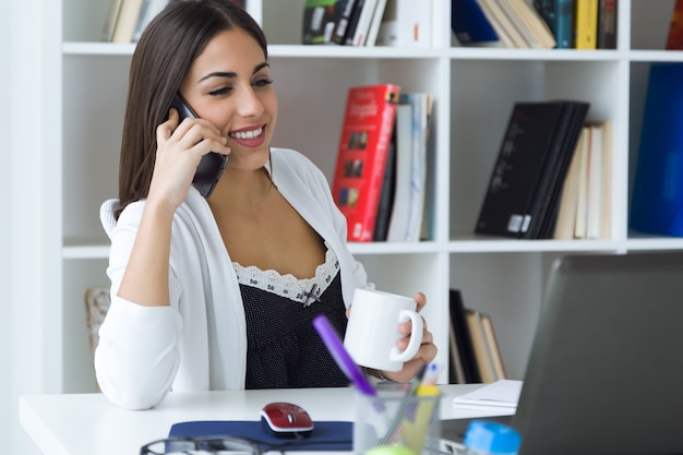 Pretty young woman working with laptop in her office.