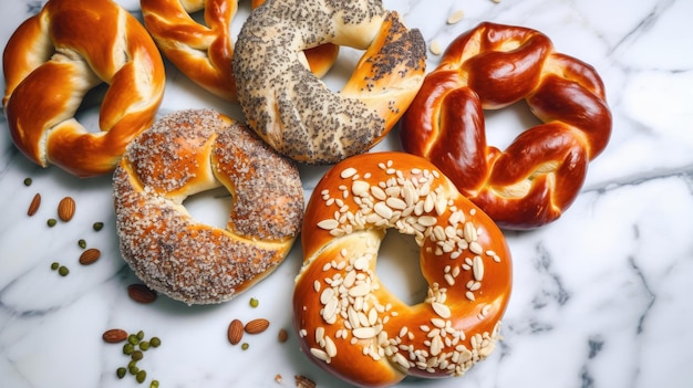 pretzels baked pastry with various toppings on a marble table