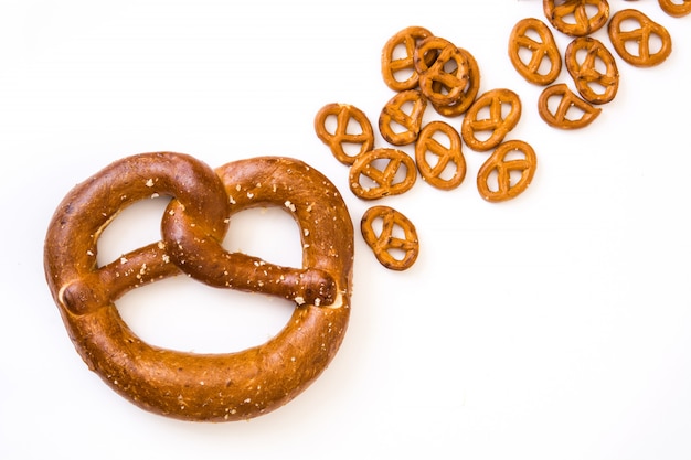 Pretzels isolated on white surface copyspace