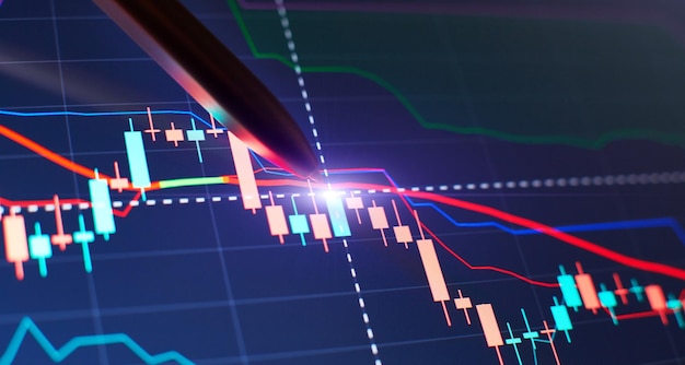 Price chart and pen indicator on screen red and green candlestick chart on blue screen theme market volatility uptrend and downtrend