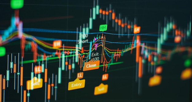 Price graph and indicator red and green candlestick chart on blue theme screen market volatility up and down trend Stock trading crypto currency background